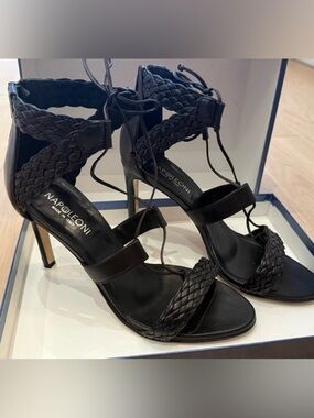 Napoleoni Black Braided Leather Heels Made in Italy Size 10 Strappy Sandals Luxe